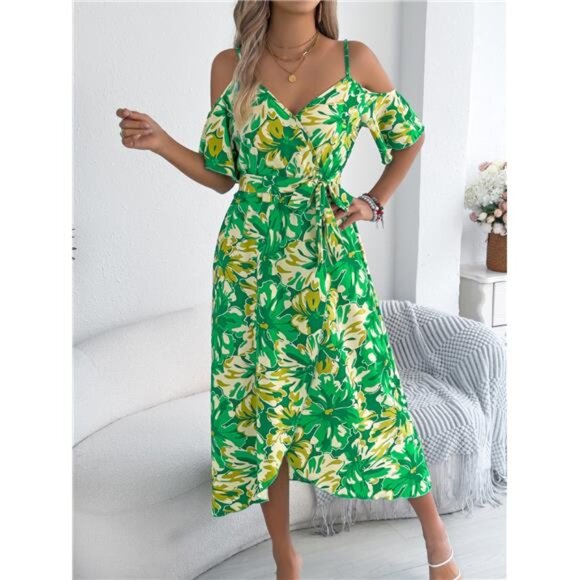 Printed Cold Shoulder Midi Cami Dress - Picture 15 of 15